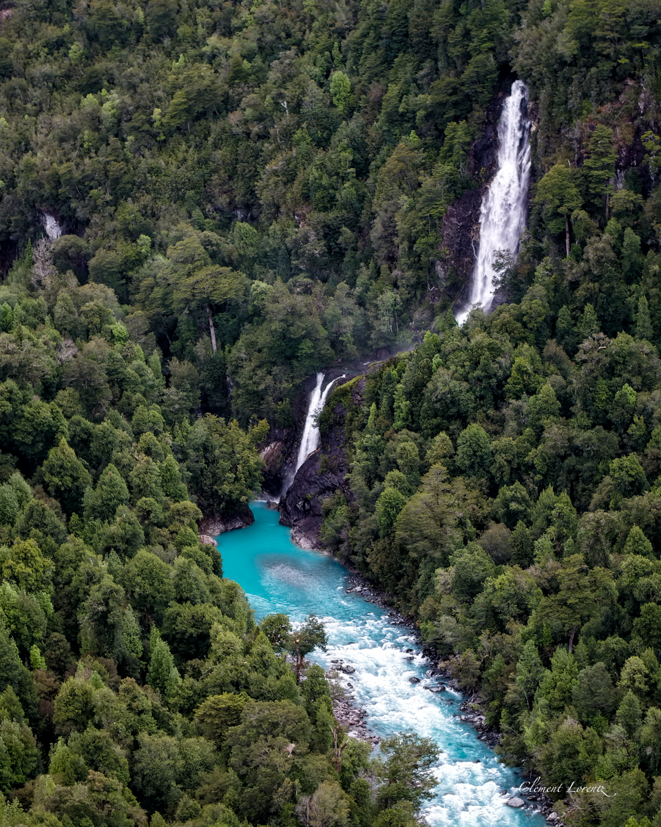 Rio Blanco Hornopieren View of the Río Blanco waterfall along the Carretera Austral in Patagonia, Chile, surrounded by lush green vegetation