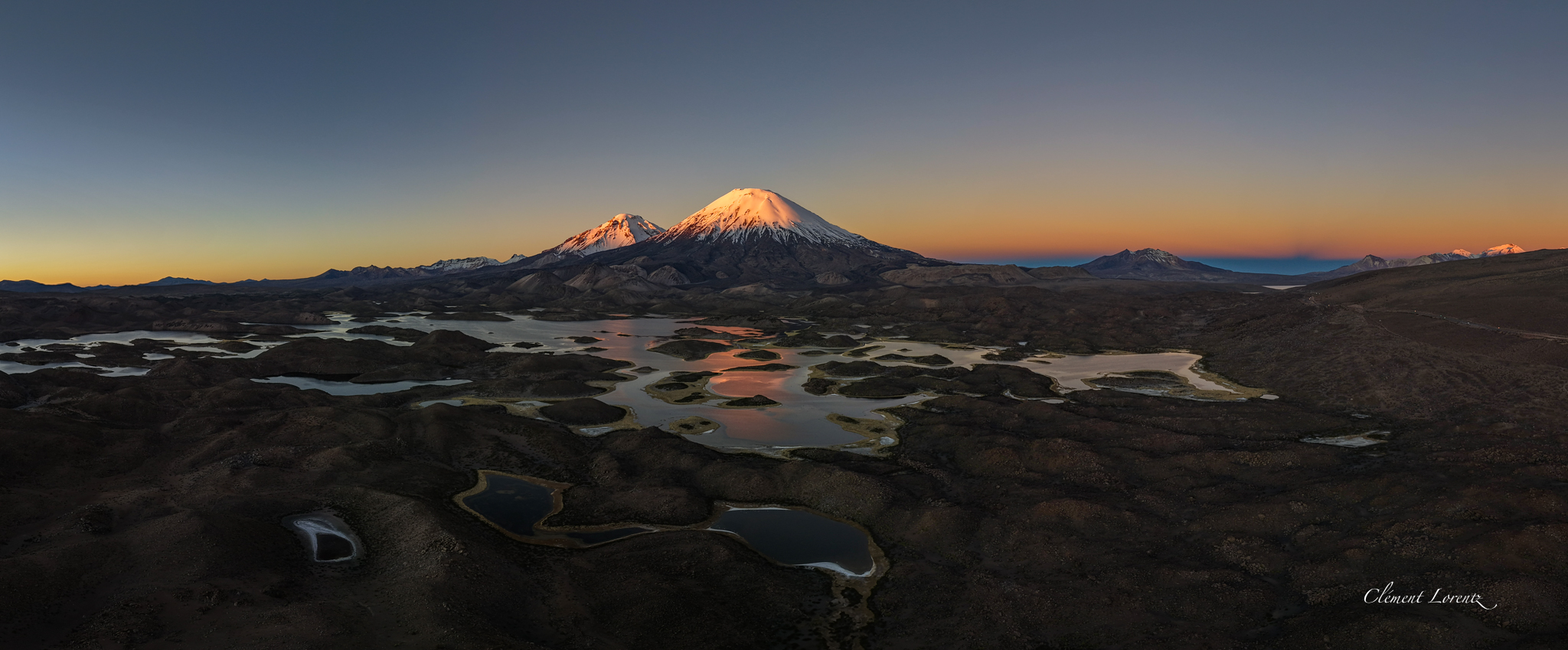 Panoramic view of the Cotacotani Lagoons in Lauca National Park at sunset