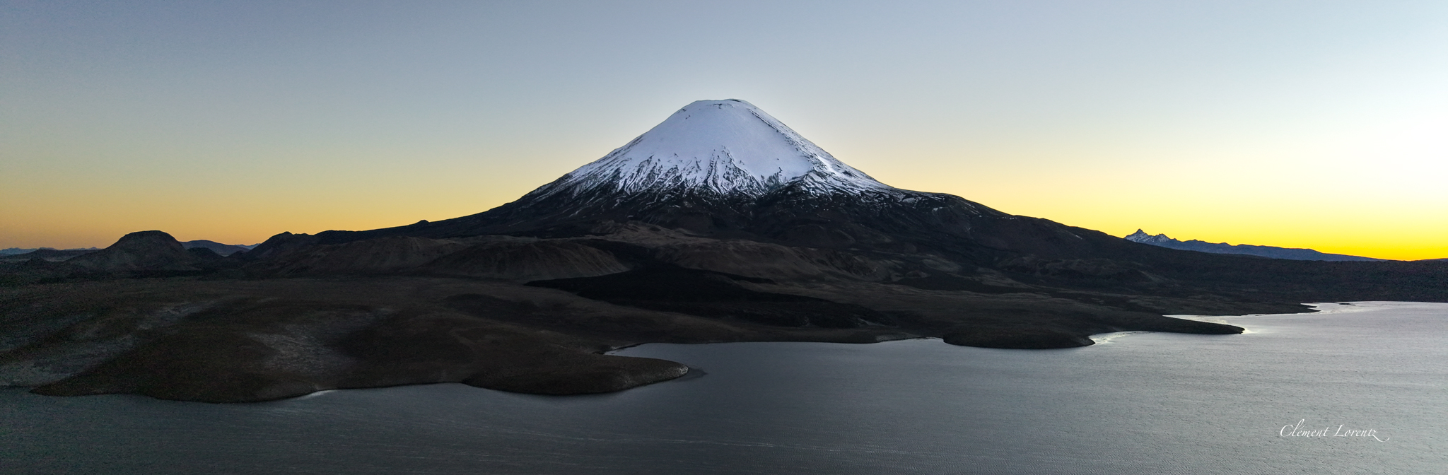 Panoramic view of Lake Chungará and Parinacota Volcano
