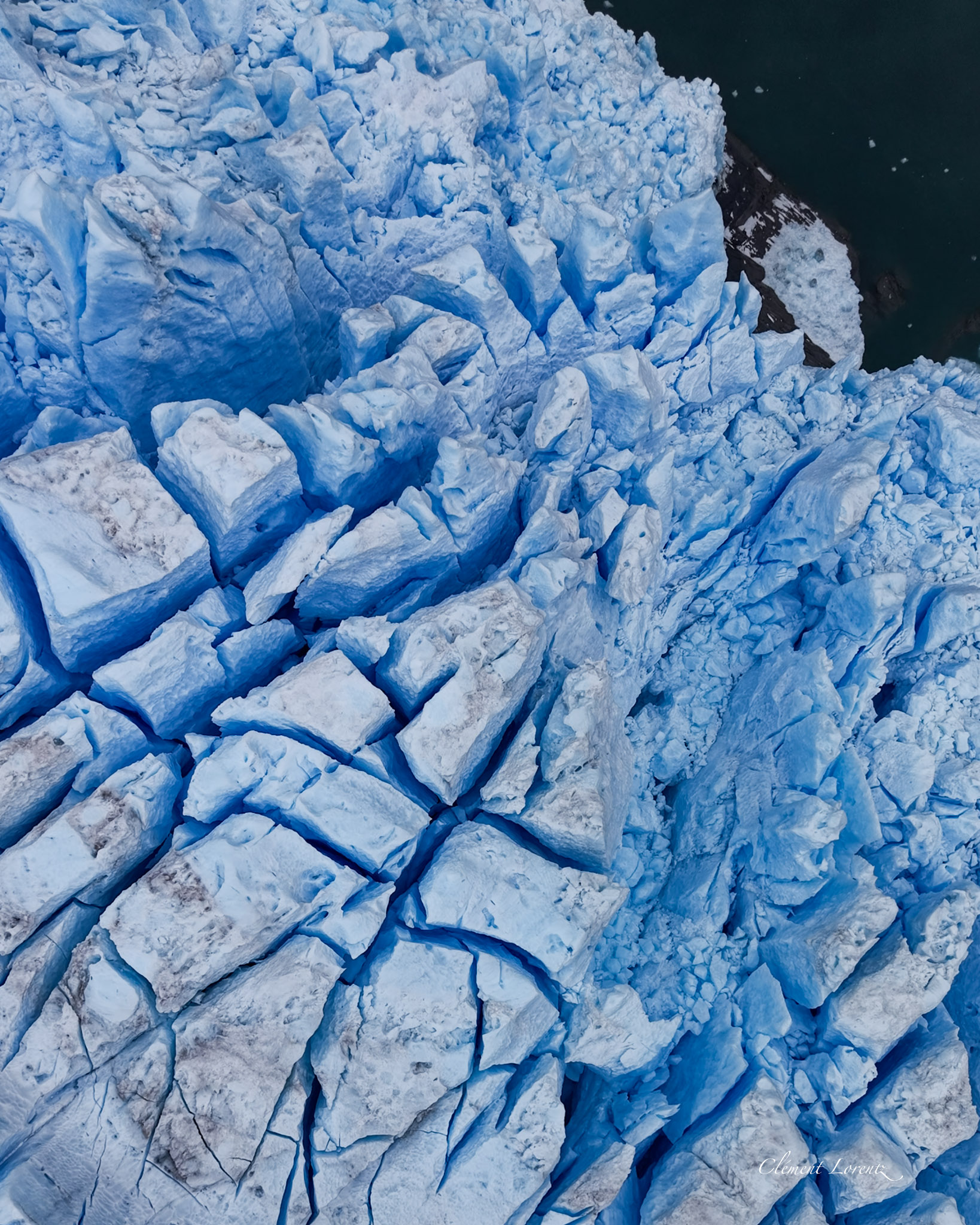 Top-down drone view of a glacier in Patagonia