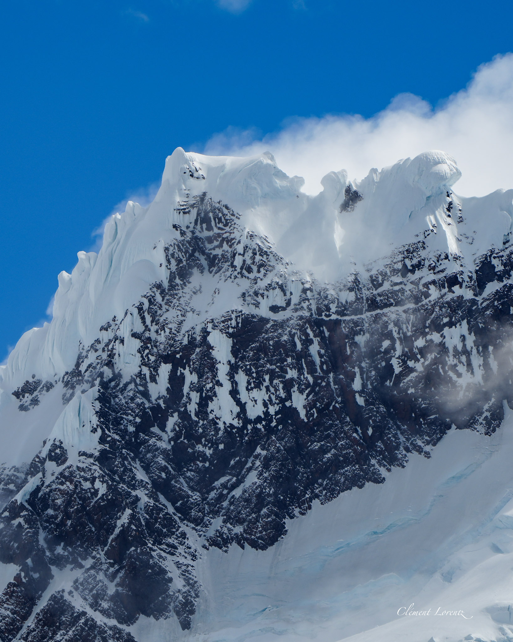 Snow-covered mountain summit in Torres del Paine National Park